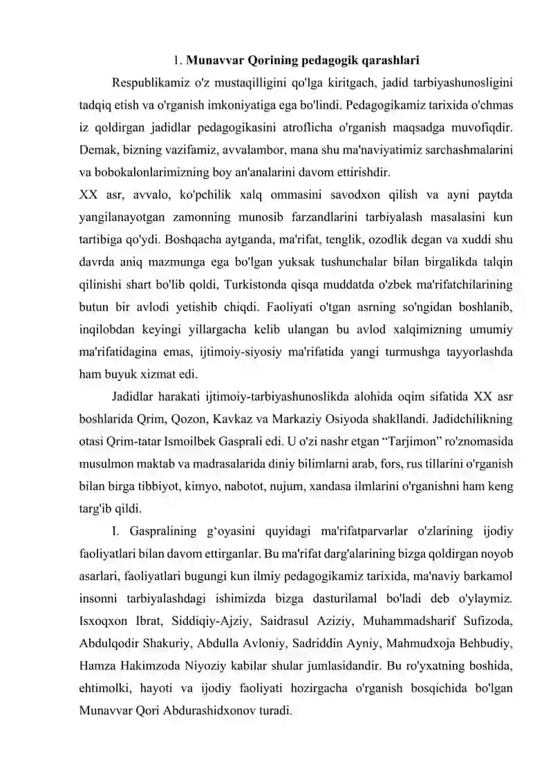 Anbar Otinning pedagogik fikrlari. Munavvar Qori Abdurashidxonovning pedagogik qarashlari 2