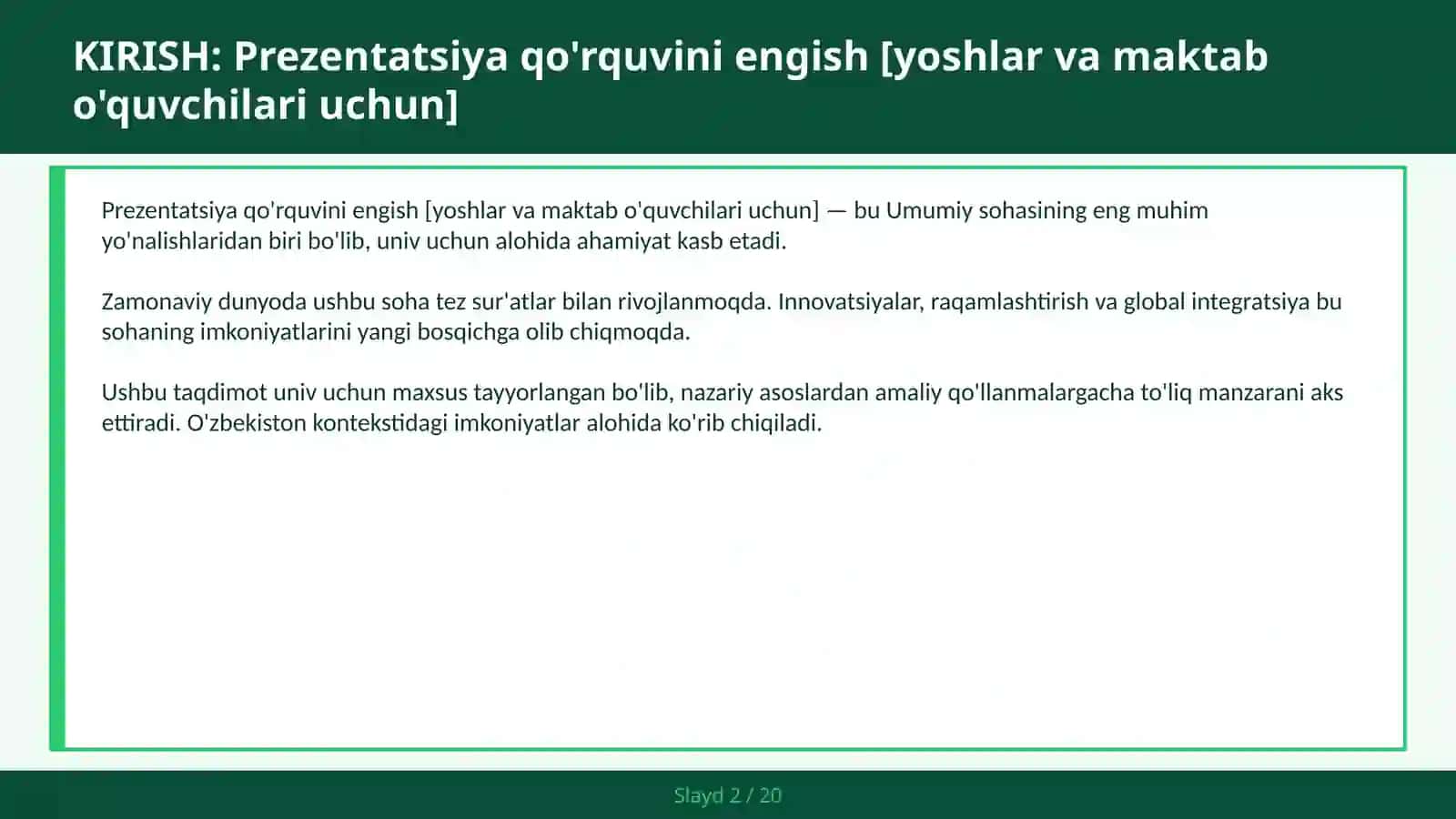 Prezentatsiya qo'rquvini engish [yoshlar va maktab o'quvchilari uchun] 2