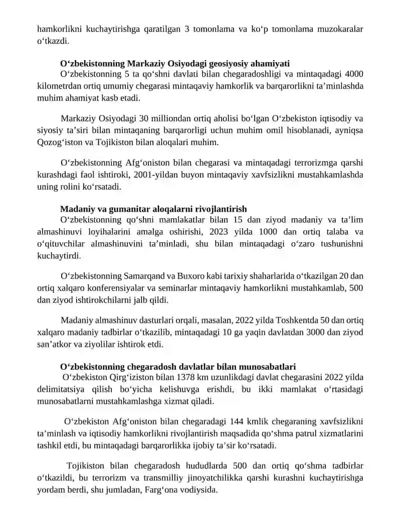 O'zbekistonning markaziy Osiyoda tinchlik va barqarorlikni taʼminlashdagi oʻrni 2