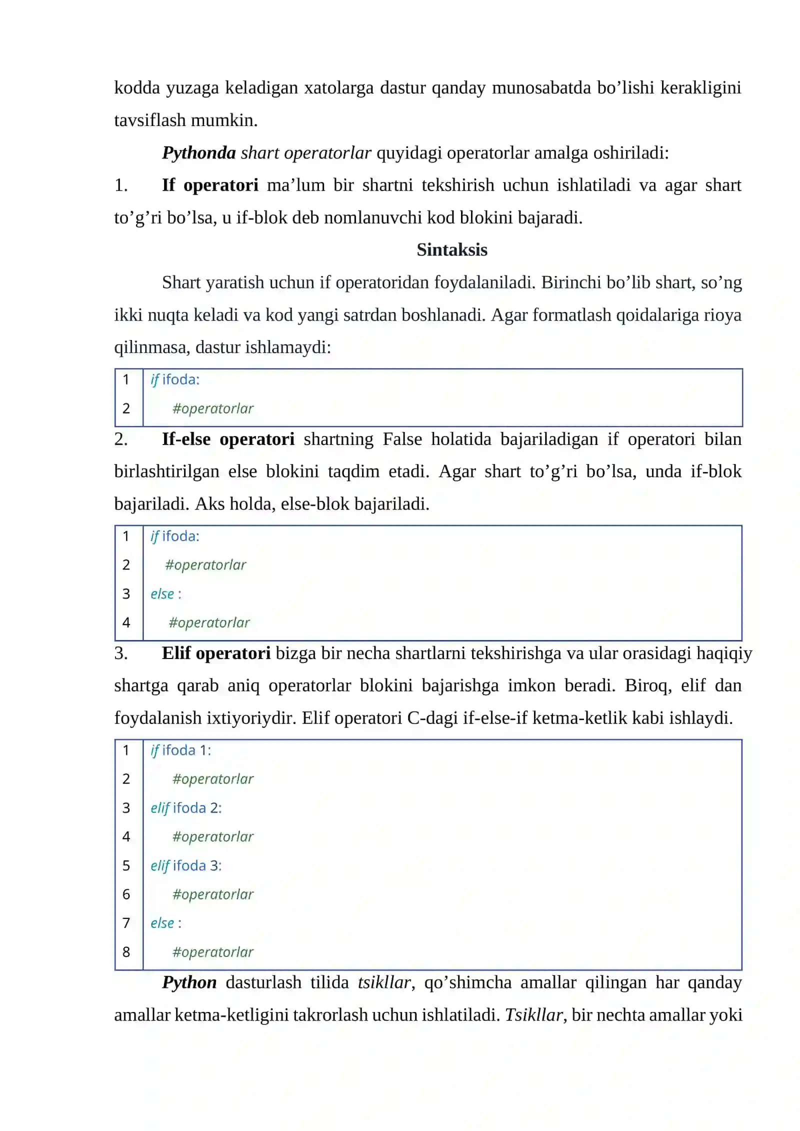 Pythonda boshqarish konstruktsiyalari: Shart operatori, tsiklllar 2