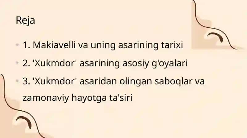 Makiavellning "Xukmdor" asariboʻyicha 2