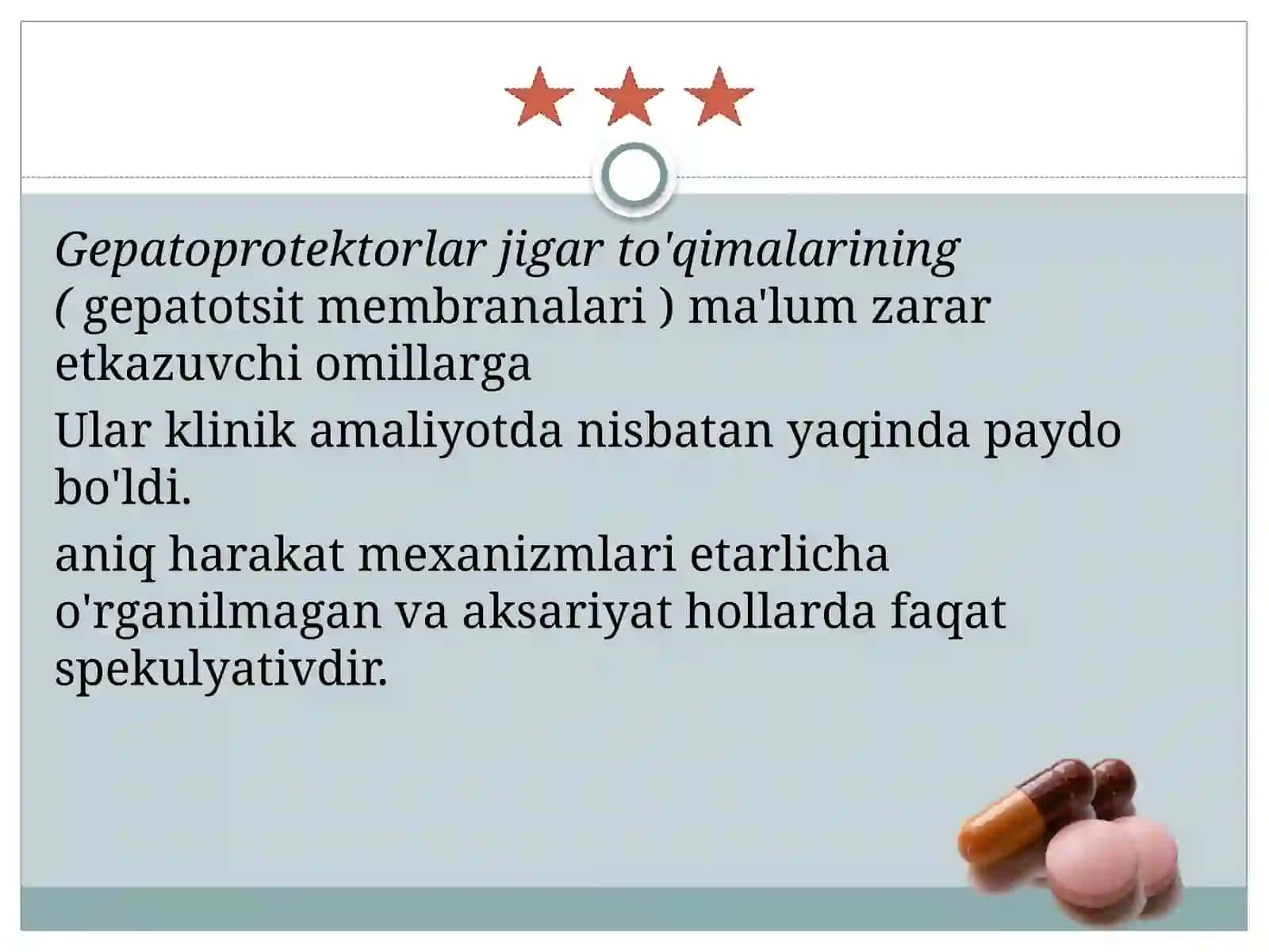 Gepatotrop va o’t haydovchi dori vositalarining klinik farmakologiyasi. Gepatoprotektorlar haqida tushuncha. Holelitiazda qo’llaniladigan preparatlar 2