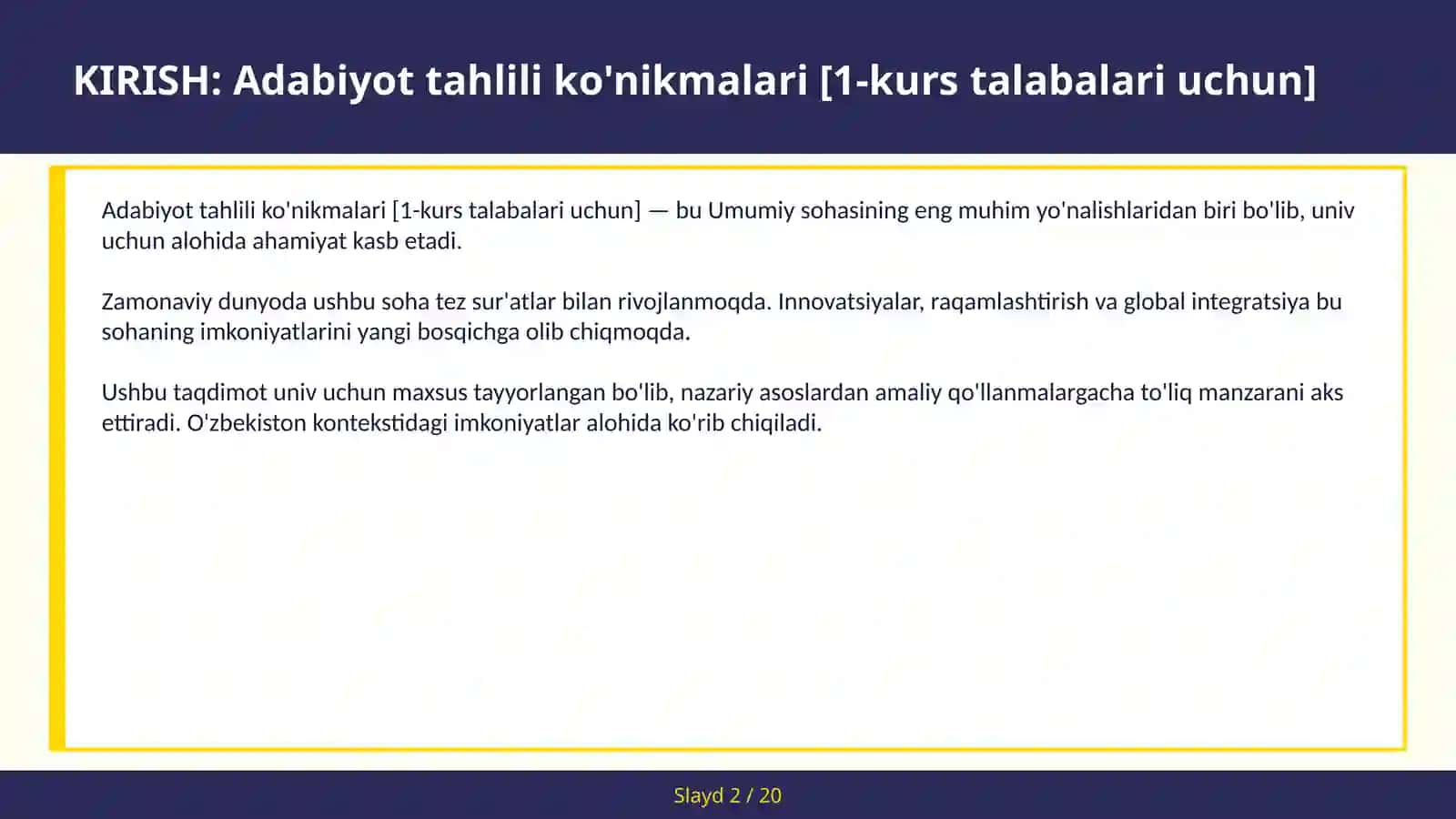 Adabiyot tahlili ko'nikmalari [1-kurs talabalari uchun] 2