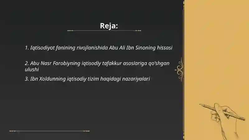 IQTISODIYOT NAZARIYASI FANINING FAN SIFATIDA SHAKLLANISHIDA BUYUK ALLOMALARNING JUMLADAN: IBN-XOLDUN, ABU ALI IBN-SINO, ABU NASR FAROBIY, ABU RAYHON BERUNIY, MIRZO ULUG‘BEKLARNING ROLI 2