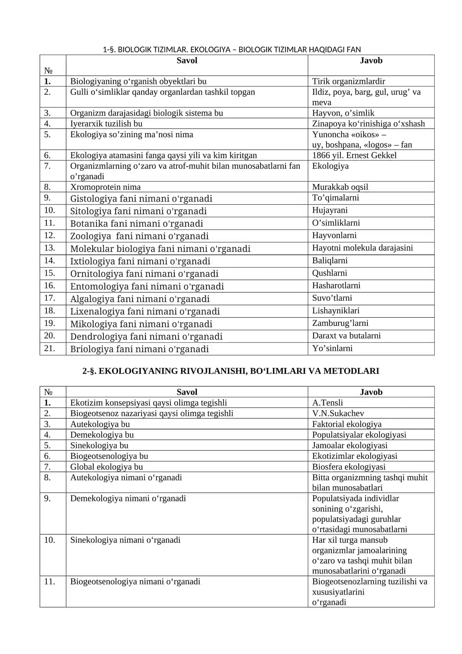 BIOLOGIYA 11 sinf (savol  javob) 2