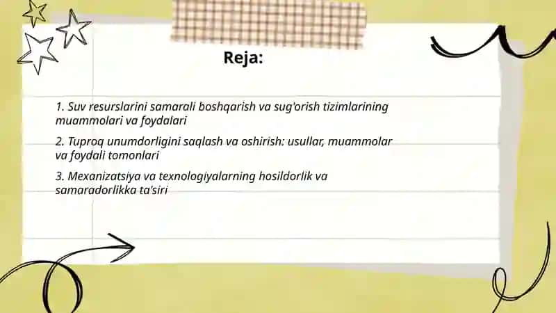 Qishloq xo'jaligida resurslardan samarali foydalanish va hosildorligini oshirish yo'llarining muammo va foydali tomonlari Yo'ldosheva Yasmina 2
