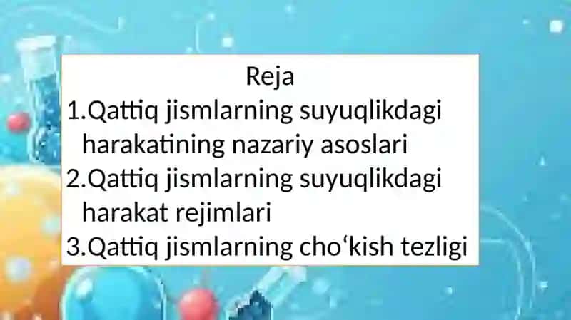 Qattiq jisimlarning suyuqlikdagi harakati. Harakat rejimlari va cho'kish tezligi 2