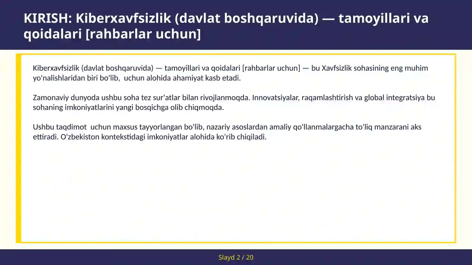 KIBERXAVFSIZLIK (DAVLAT BOSHQARUVIDA) — TAMOYILLARI VA QOIDALARI [RAHBARLAR UCHUN] 2