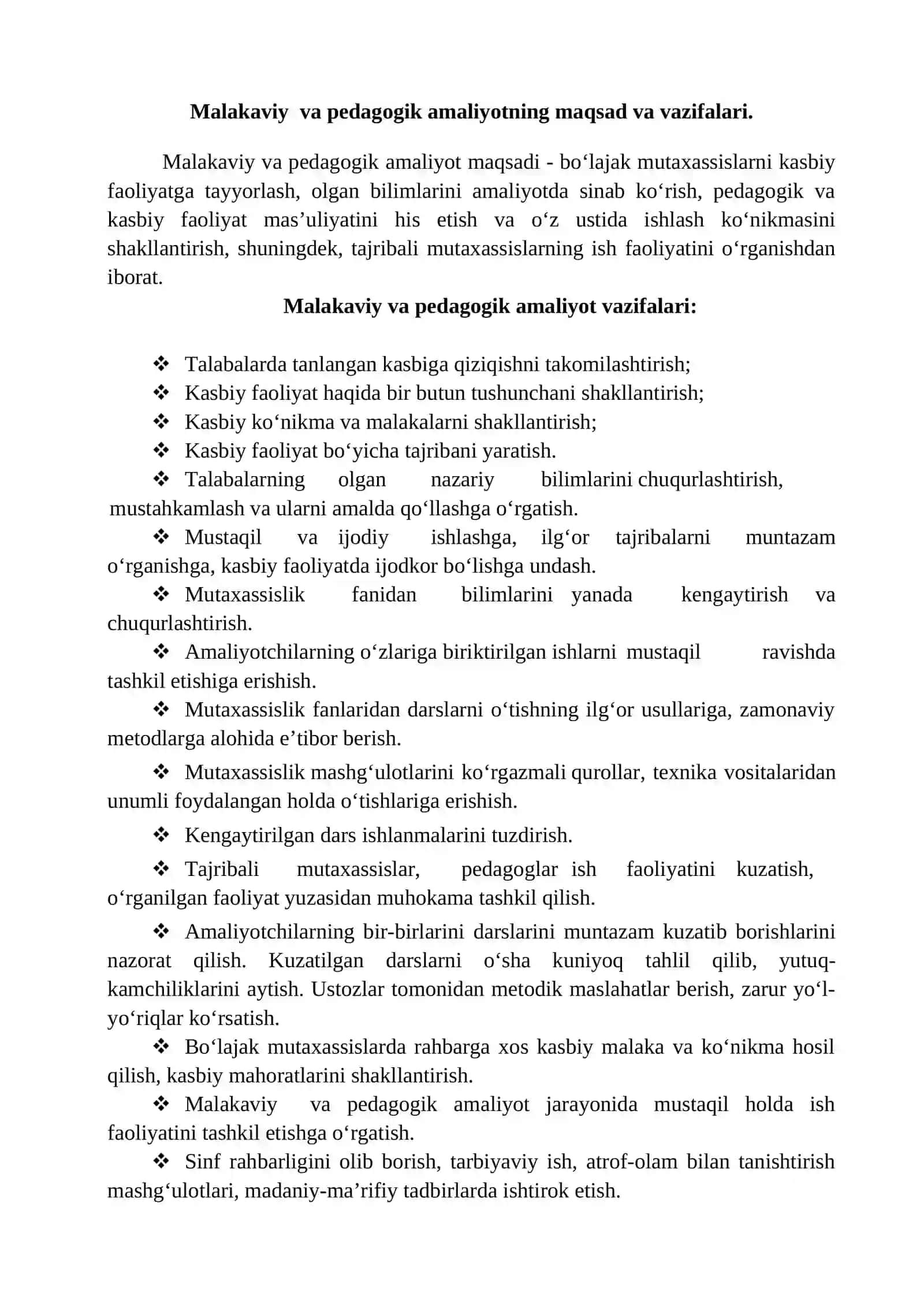 BOSHLANG‘ICH TA’LIM YO‘NALISHI BO‘YICHA MALAKAVIY VA PEDAGOGIK AMALIYOT HISOBOTI 2