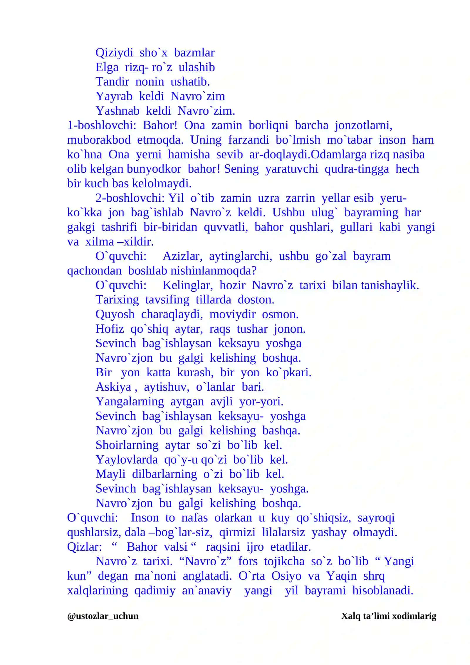 Navro`z-bahor bayrami. (tadbir senariysi) 2