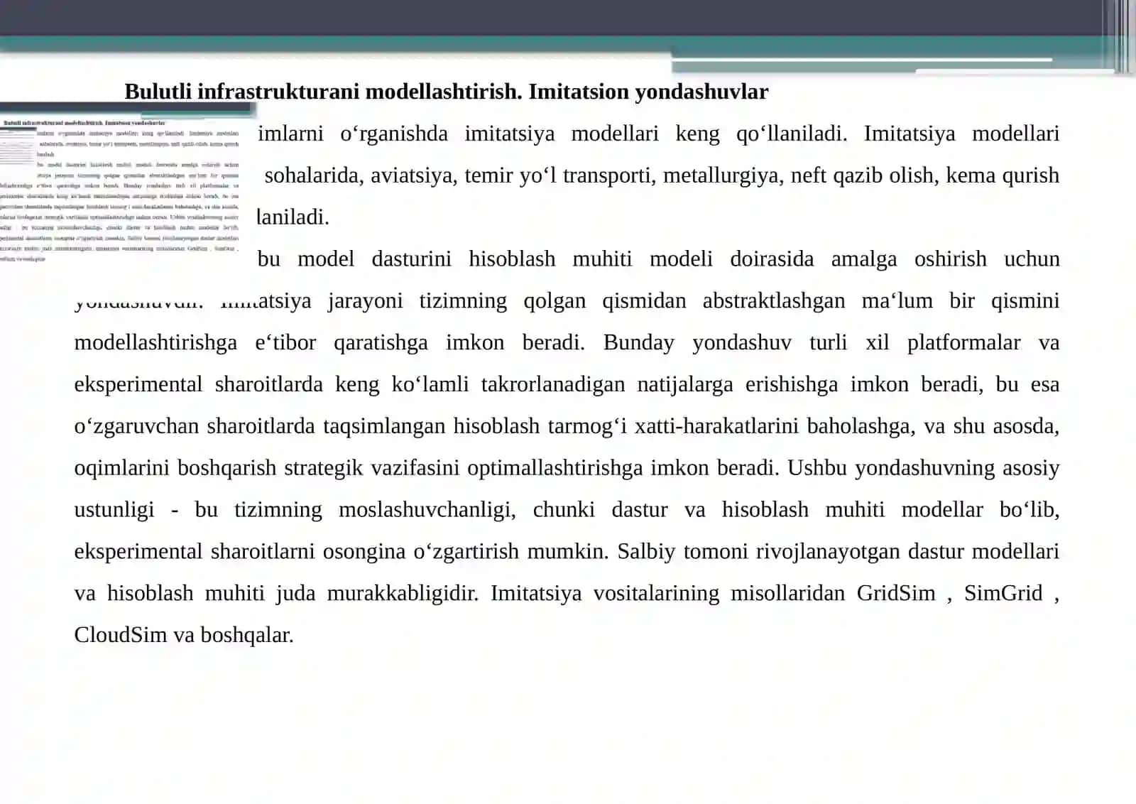 Modeldagiasosiyobyektlar,CloudSimplatformasi,CDOSimsimulyatori 2
