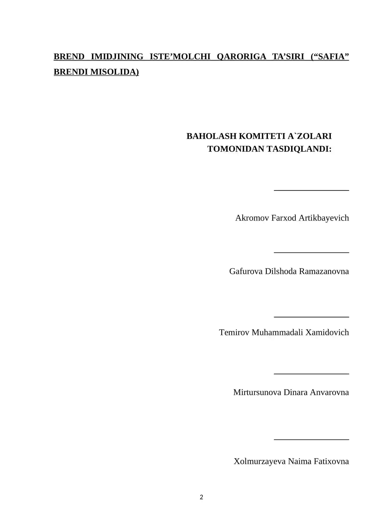 BMI. Brend imidjining iste’molchi qaroriga ta’siri (“SAFIA” brendi misolida) 2