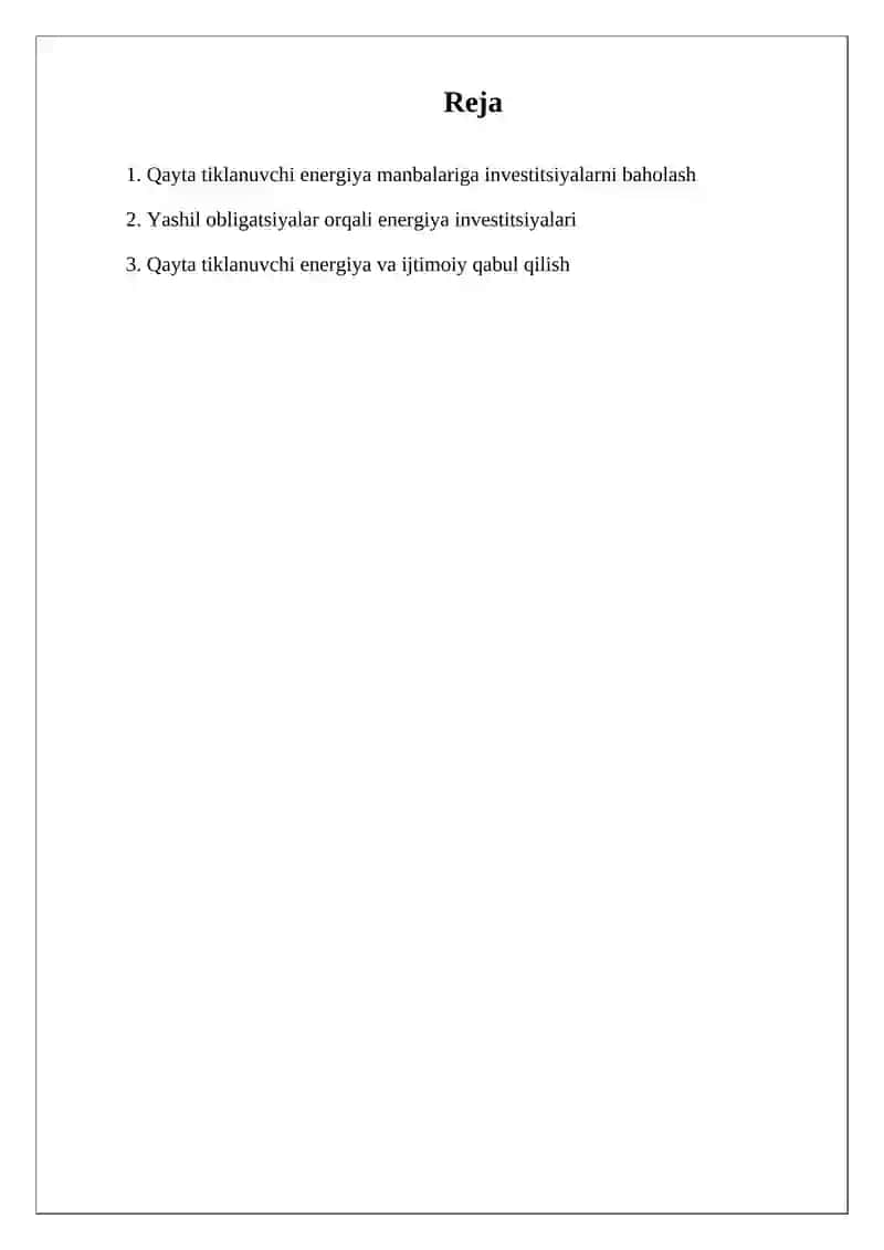 Tiklanadigan energiya manbalarini o'zlashtirishni investitsiyalash xususiyatlari 2