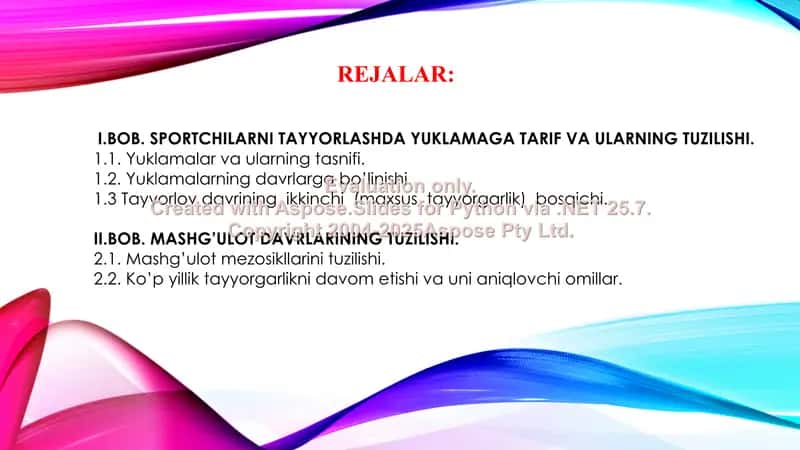 SPORTCHILARNI TAYYORLASHDA YUKLAMAGA UMUMIY TAVSIF. kurs ishi himoya uchun 2