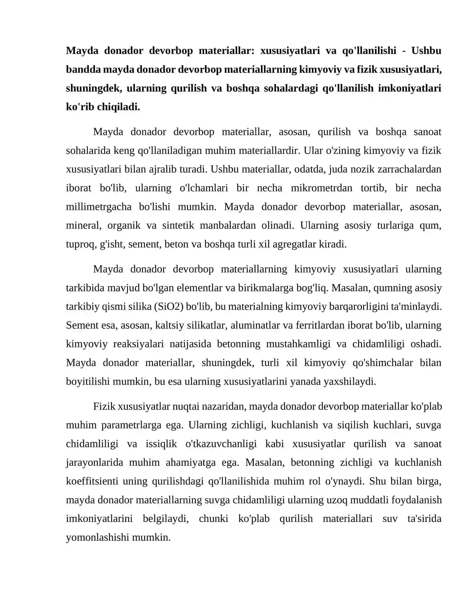 Mayda donador devorbop materiallarni ishlab chiqarish uchun texnologik jihozlar. 2