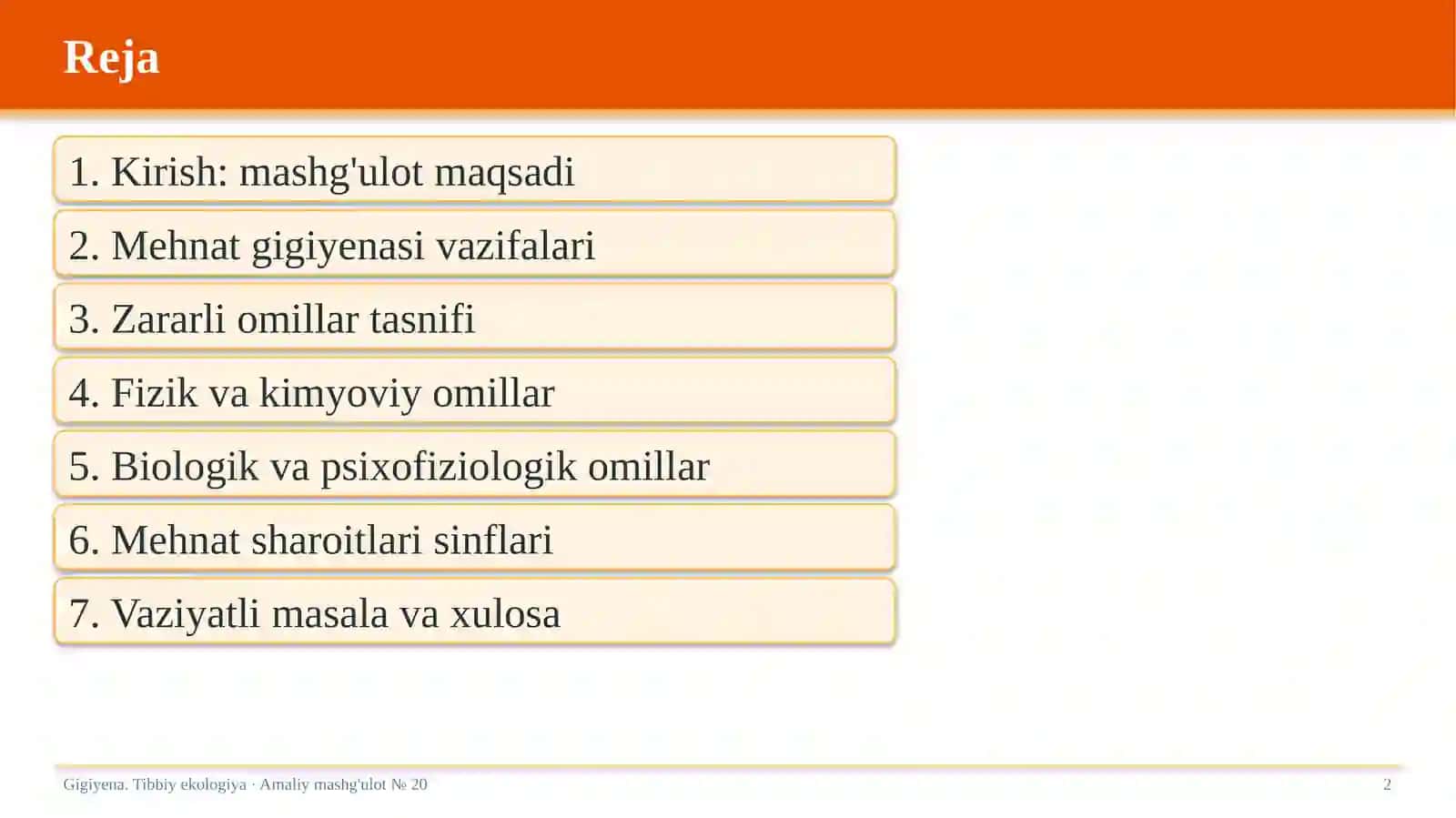 Mehnat gigiyenasi. Ishlab chiqarish muhitining zararli omillari 2