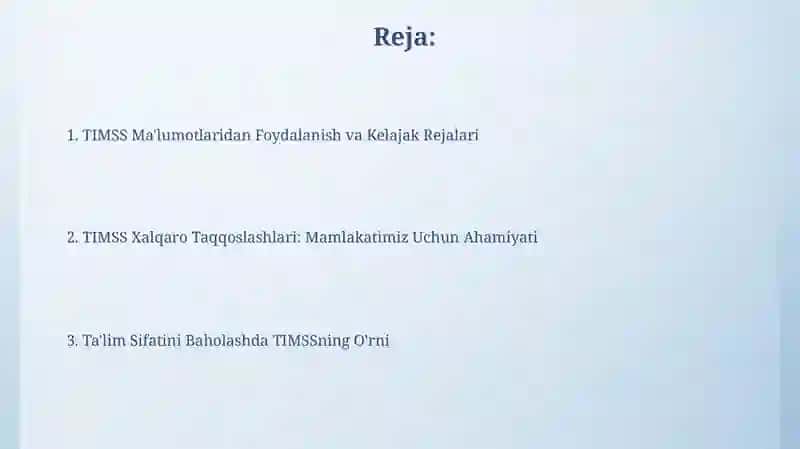 TIMSS Xalqaro taqdimotlarning mamlakatimiz hayotida tutgan o'rni va ahamiyati 2