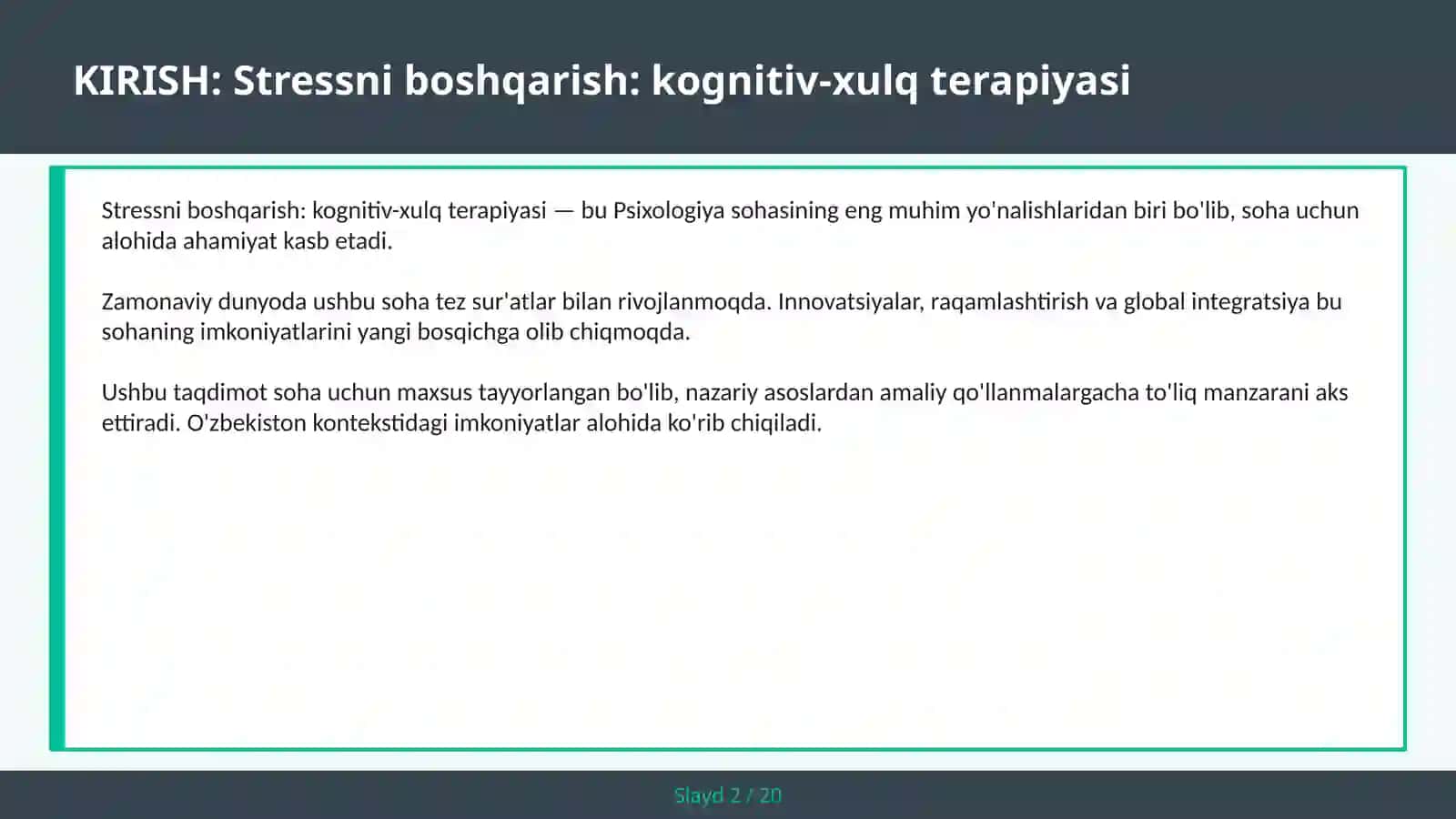 Stressni boshqarish: kognitiv-xulq terapiyasi 2