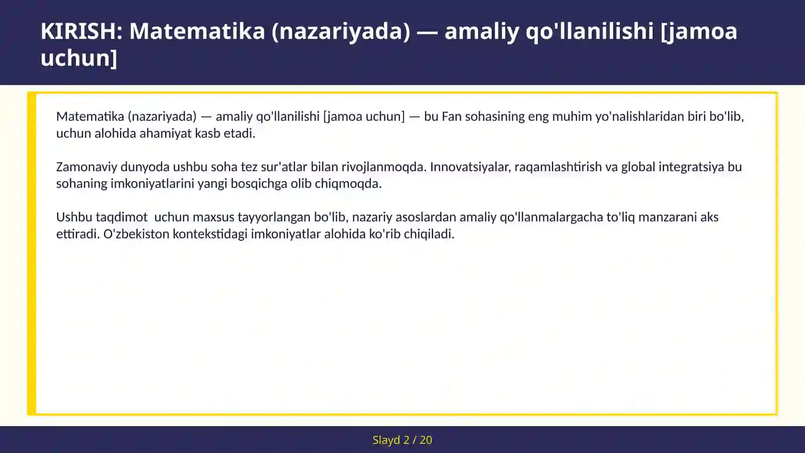 Matematika (nazariyada) — amaliy qo'llanilishi [jamoa uchun] 2