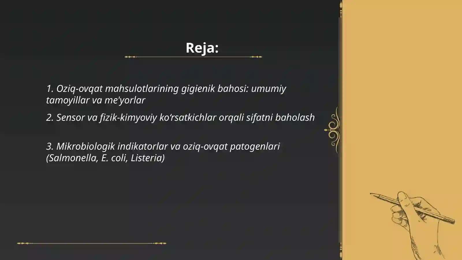 Ovqat mahsulotlarining sifatini gigeyenik baholash. Oziq-ovqat xavfsizligi. Ovqatdan zaharlanish va ularni oldini olish choralari 2