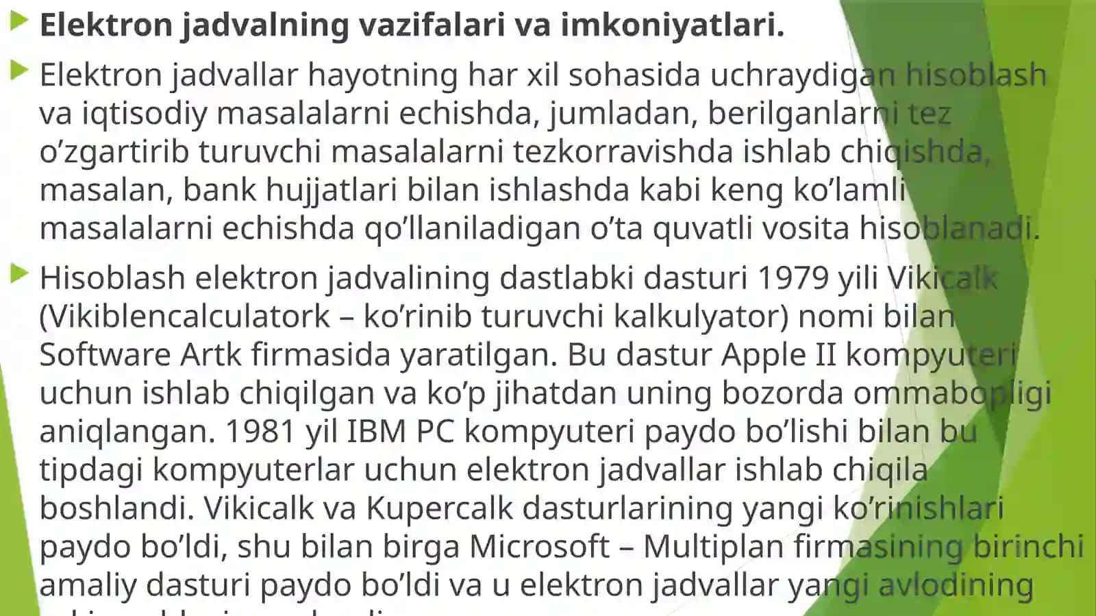 Elektron jadvalning imkoniyatlari va vazifalari 2