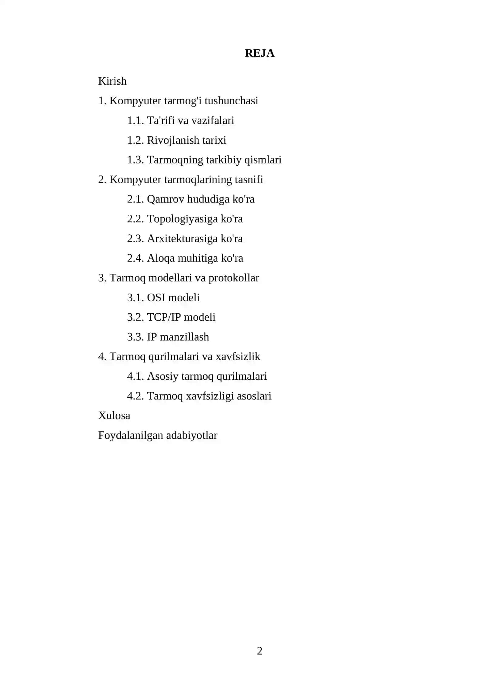 REFERAT Fan: Informatika va axborot texnologiyalari Mavzu: Kompyuter tarmoqlari va ularning turlari 2