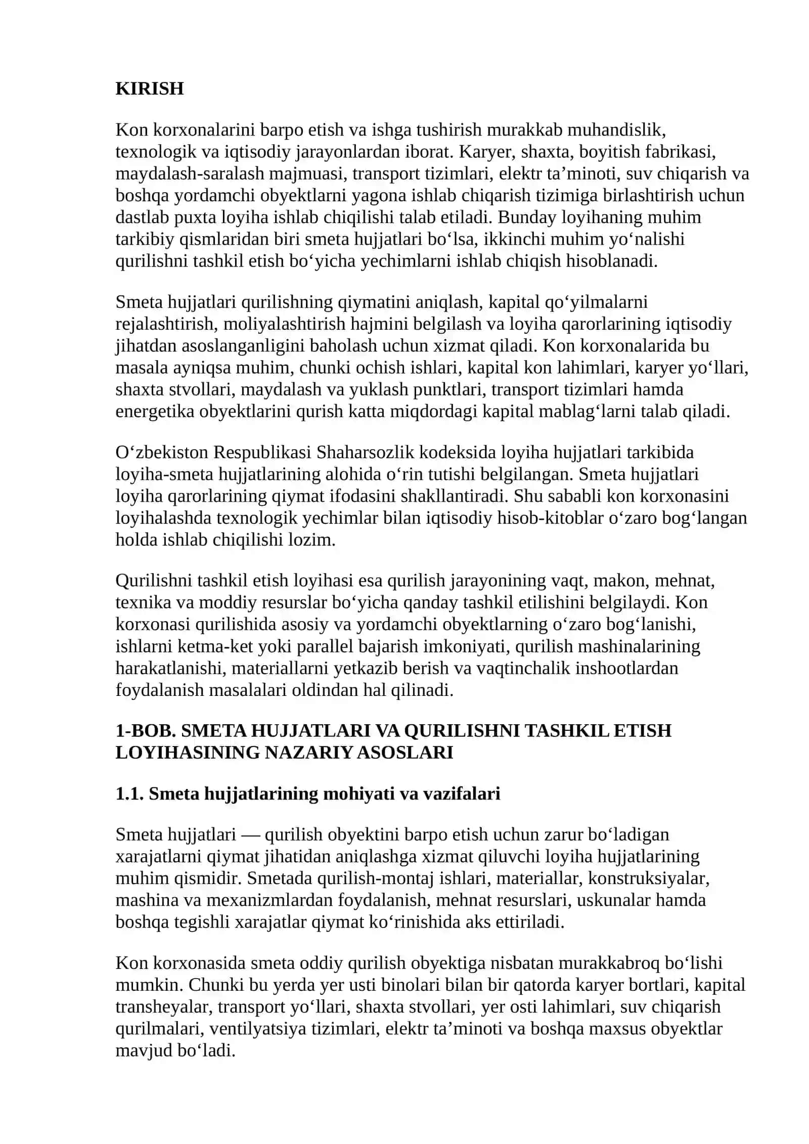 SMETA HUJJATLARI VA QURILISHNI TASHKIL ETISH LOYIHASI 2