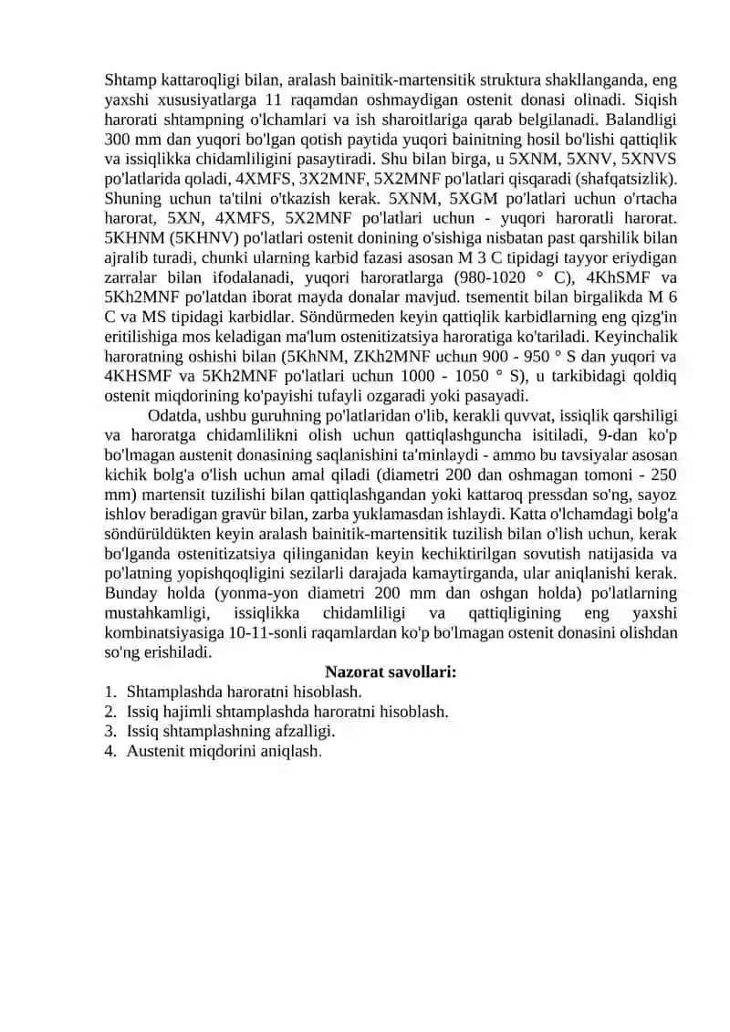 Shtamplashda issiqlik haroratini tanlashni o`rganish 2