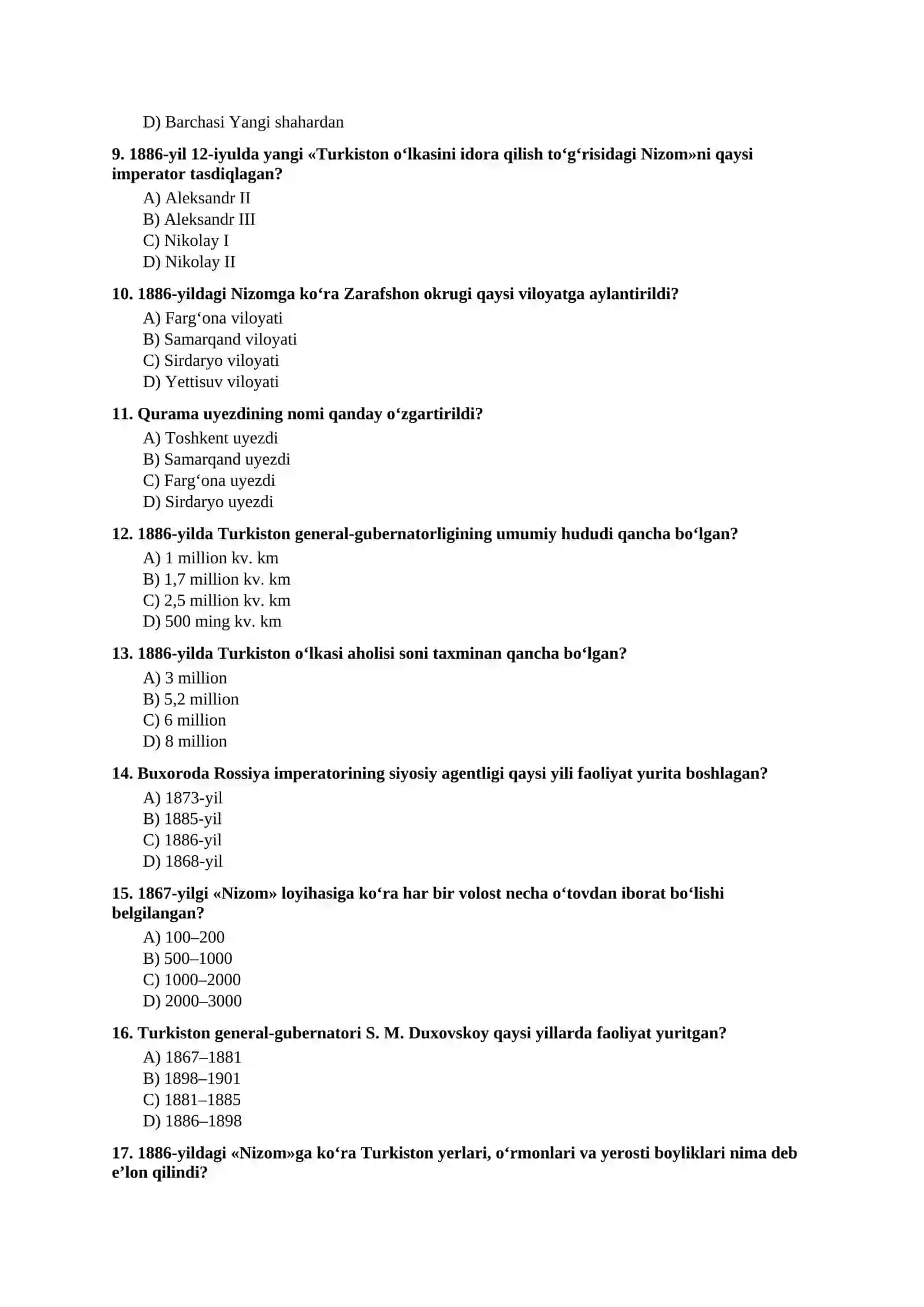 Mavzulashtirilgan testlar | 9-SINF O‘ZBEKISTON TARIXI III boʻlim 2