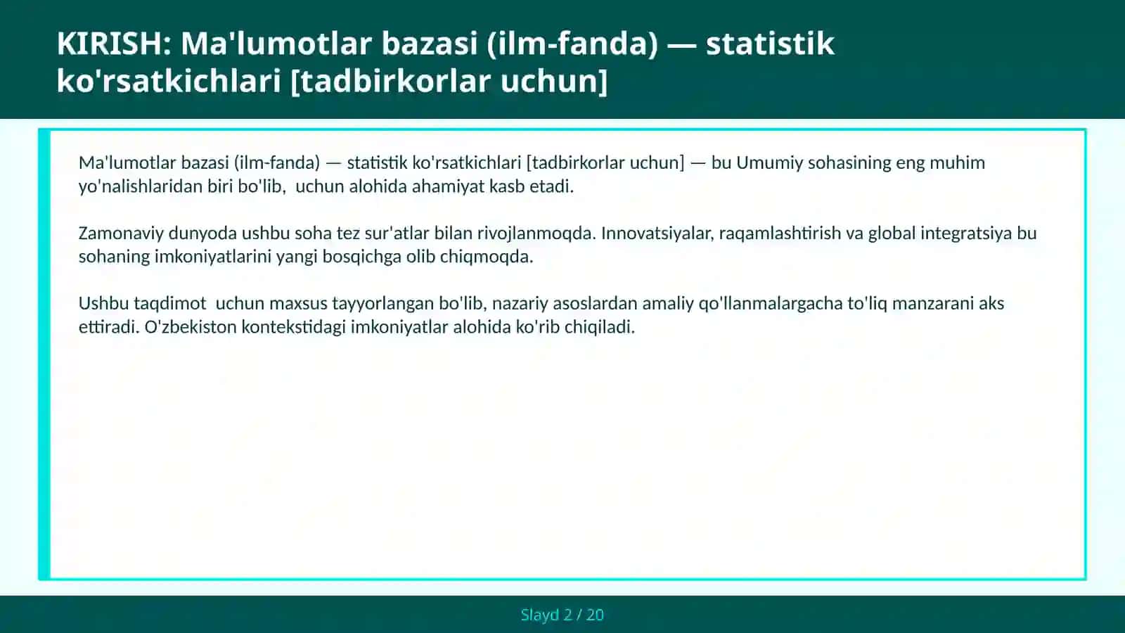 Ma'lumotlar bazasi (ilm-fanda) — statistik ko'rsatkichlari [tadbirkorlar uchun] 2