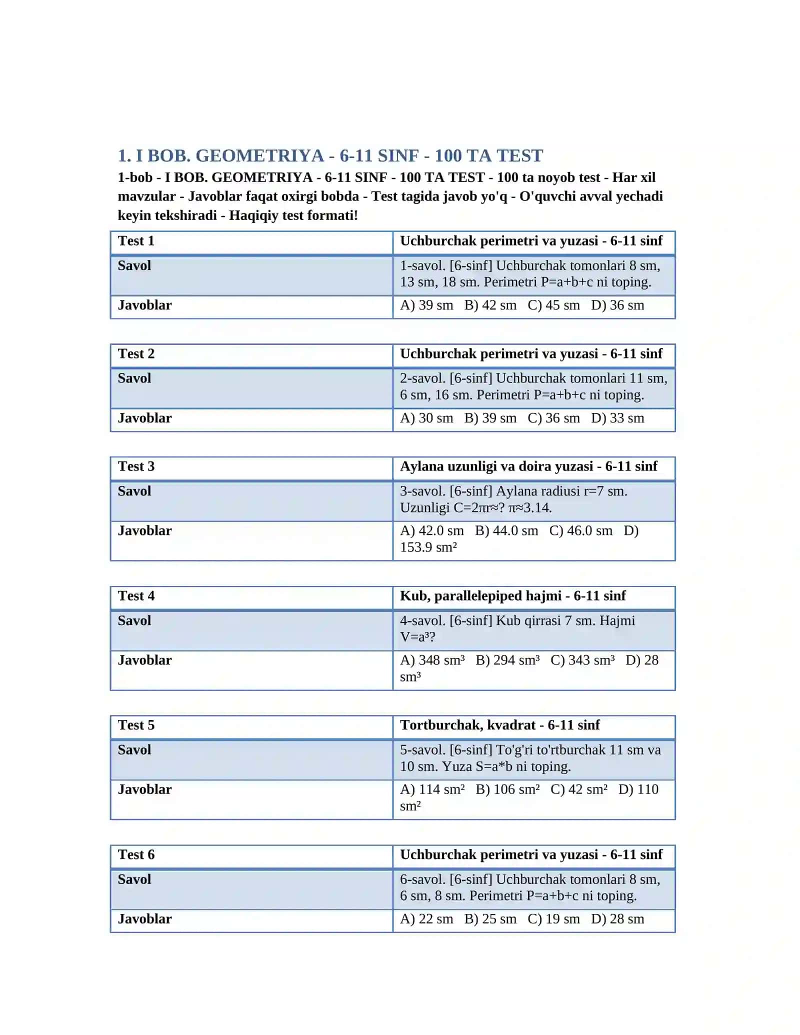 MATEMATIKADAN 1000 TA TEST - 2-QISM - BARCHA MAVZULAR 6-11 SINF 2