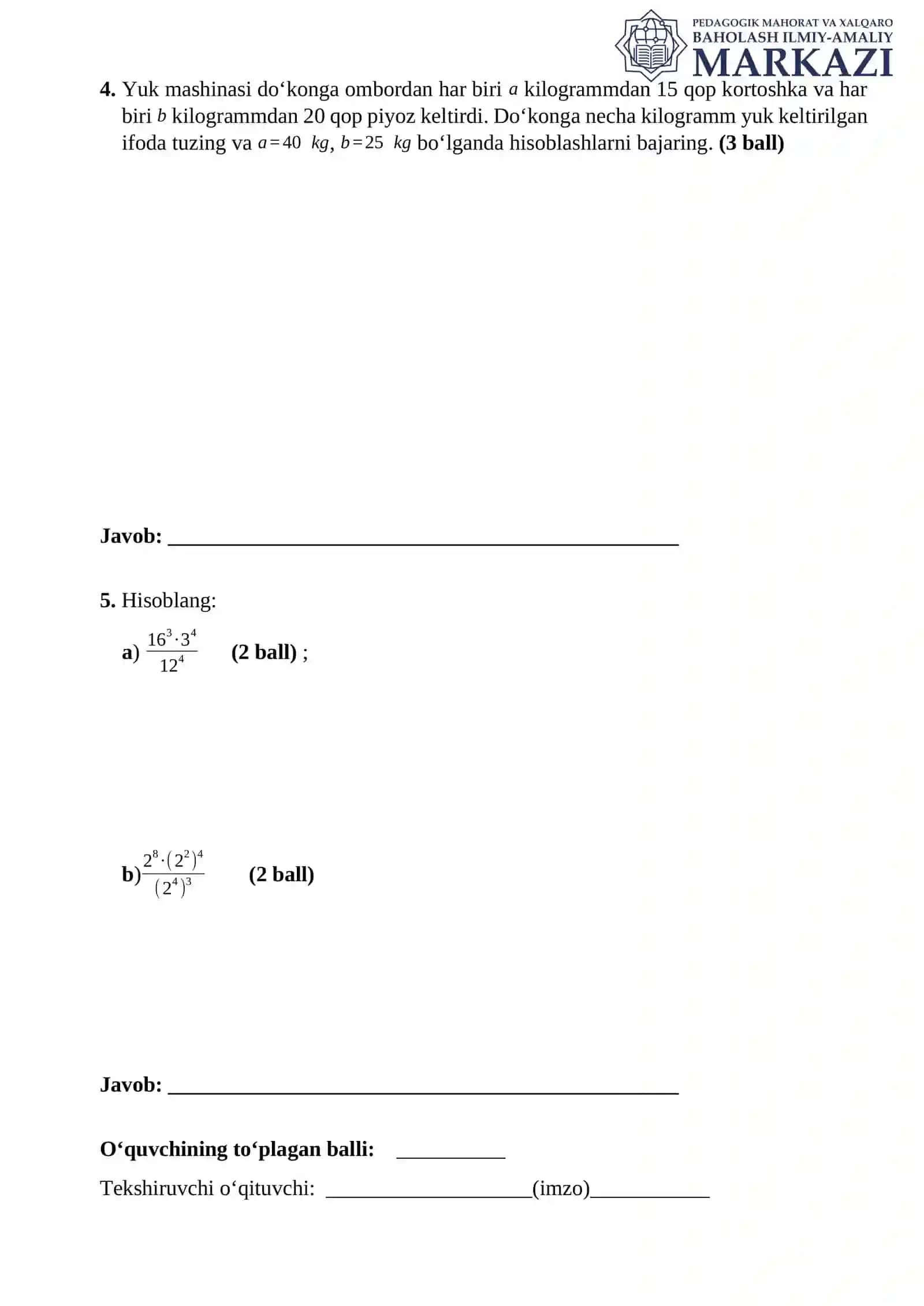 7 sinf Matematikadan 1 – BSB savollari II variant 2