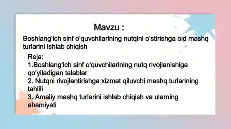 Boshlangʻich sinf oʻquvchilarining nutqini oʻstirishga oid mashq turlarini ishlab chiqish 2
