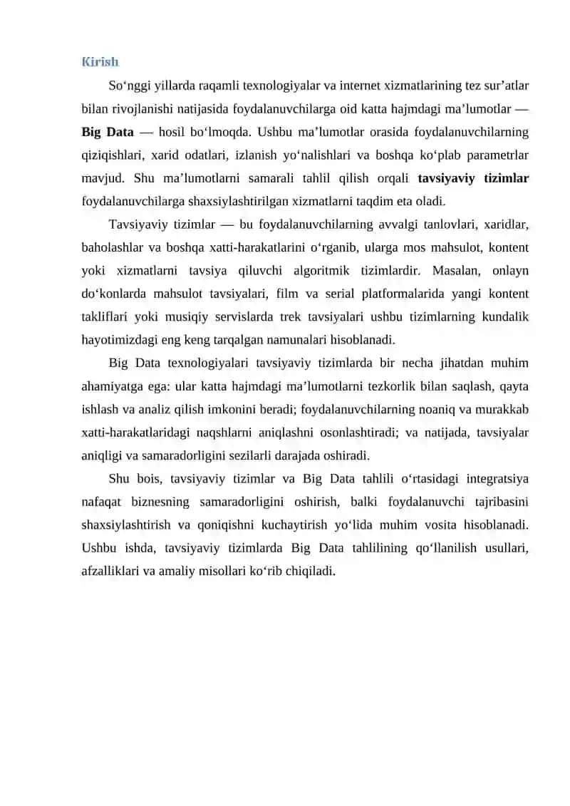 Tavsiyaviy Tizimlar va Big Data Tahlili 2