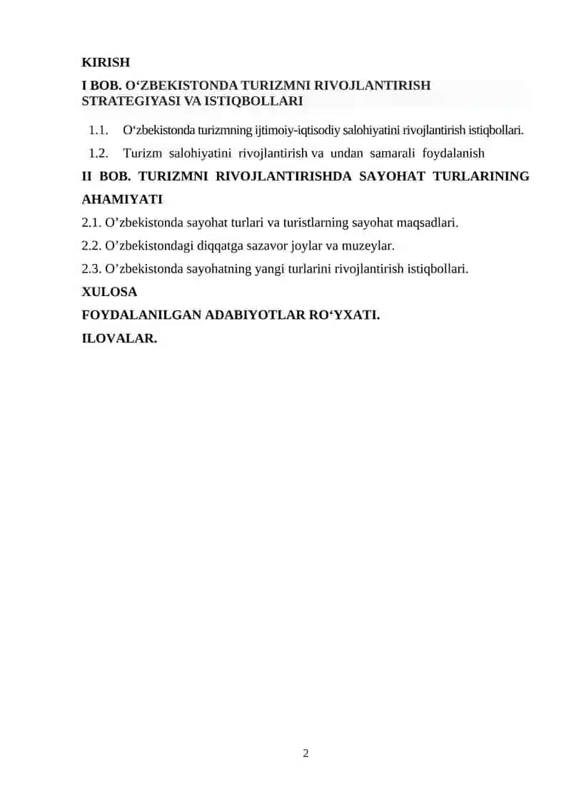 O’zbekistonning turistik salohiyati va rivojlantirish strategiyasi 2