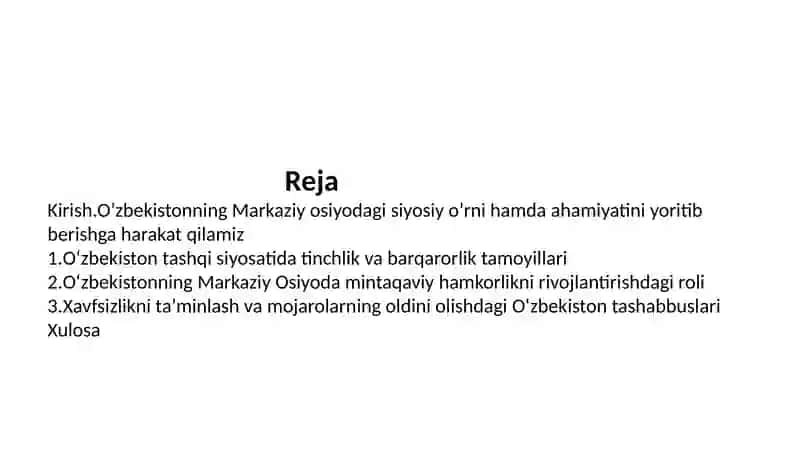 O'zbekistonning markaziy osiyodagi tinchlik va barqarorlikni saqlashdagi o'rni 2
