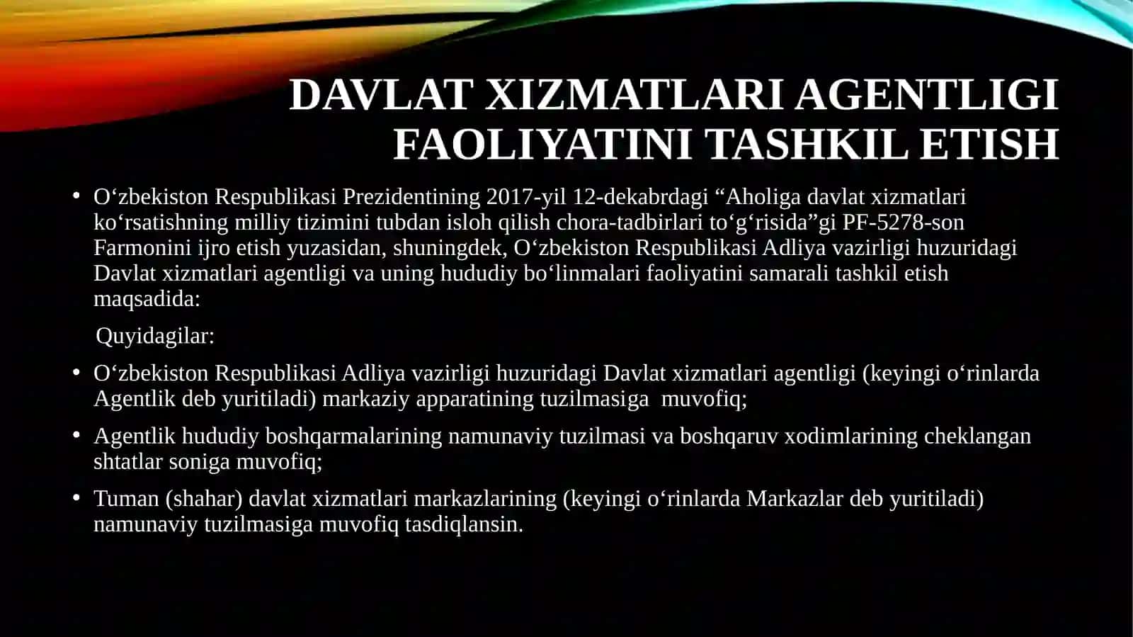 DAVLAT XIZMATLARI AGENTLIGI FAOLIYATINI TASHKIL ETISH 2