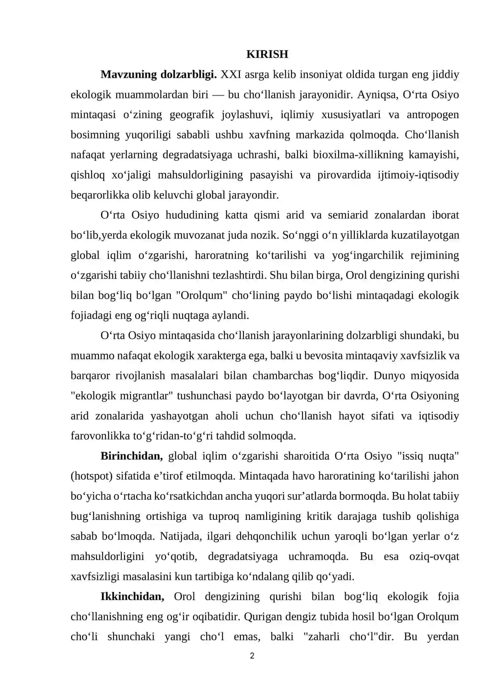 O’rta osiyo cho’llanish jarayonlarining dinamikasi, uning geografik qonuniyatlari 2