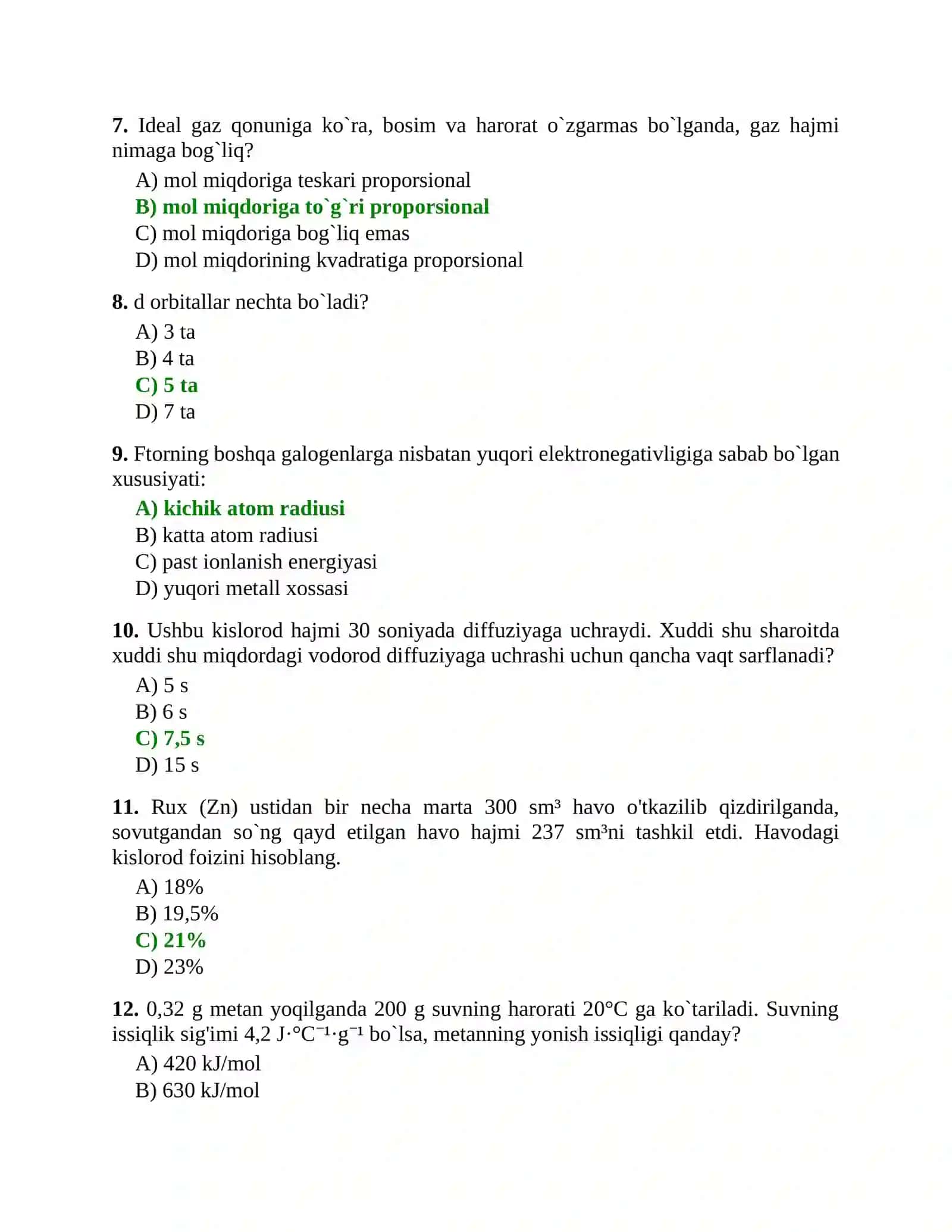 9 sinf Kimyo olimpiada test savollari 2