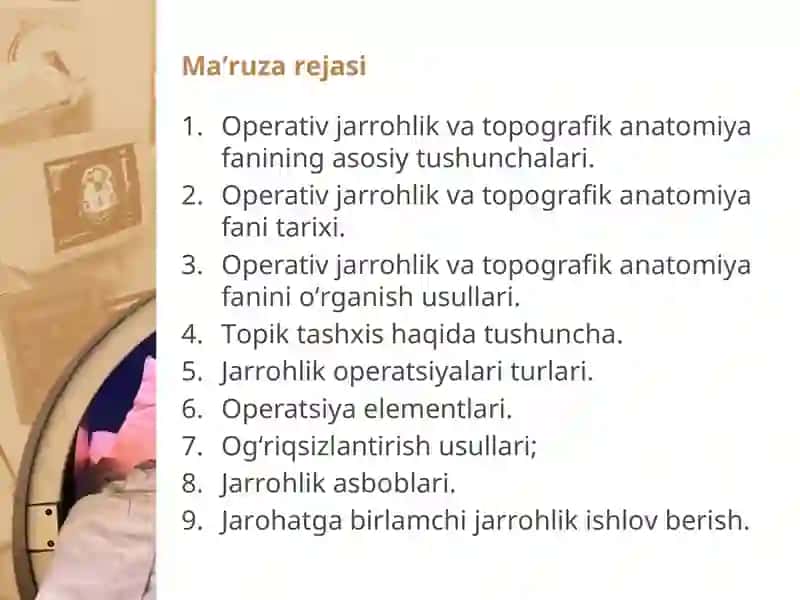 Kirish. Оpеrativ хirurgiya va tоpоgrafik anatоmiya fani haqida tushuncha,fanning qisqacha tariхi. Оpеrativ jarrоhlik va uning vazifalari. Оpеratsiya turlari 2