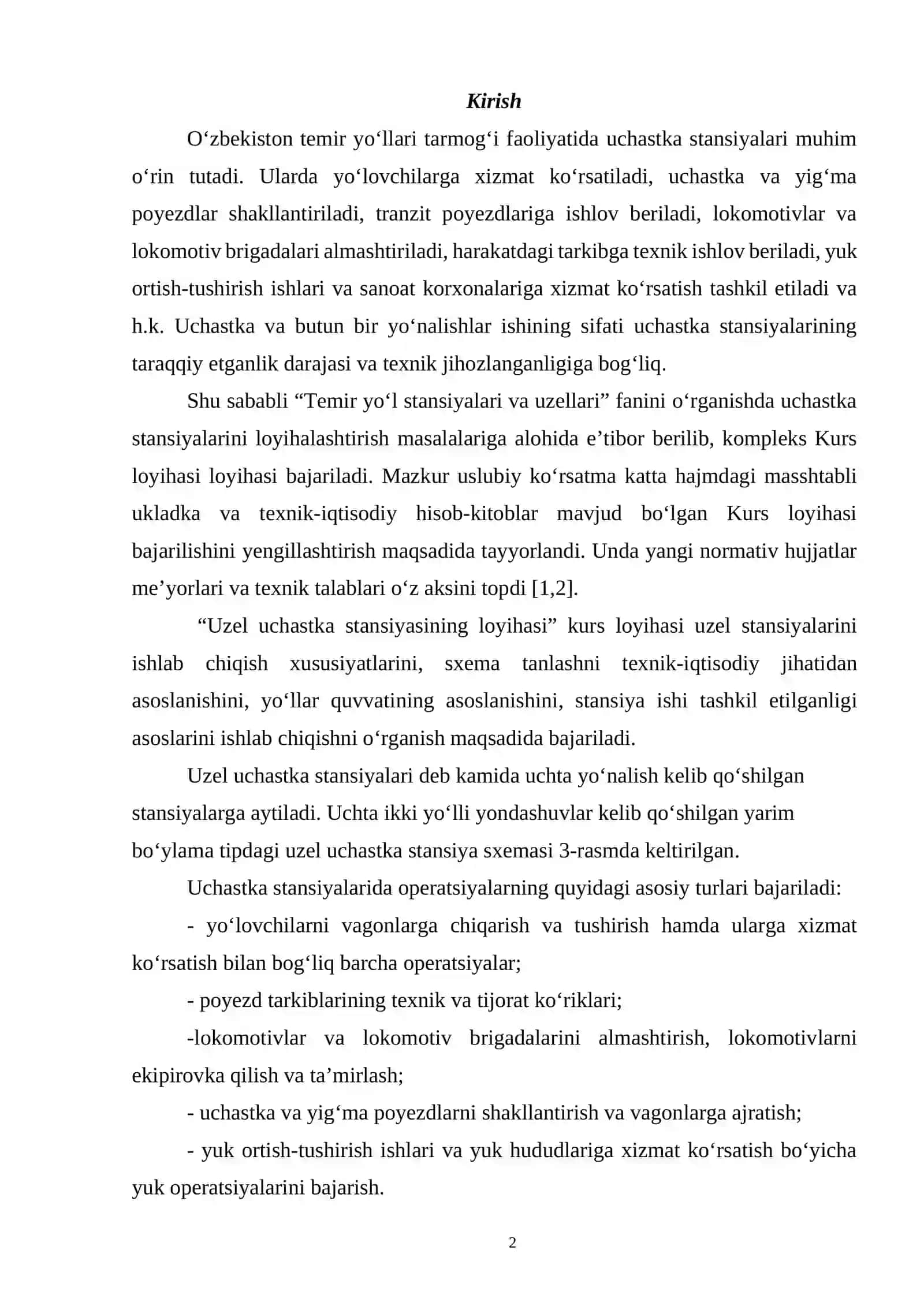 Temir yo‘l stansiyalari va uzellari fanini o‘rganish uchun Kurs loyihasi 2