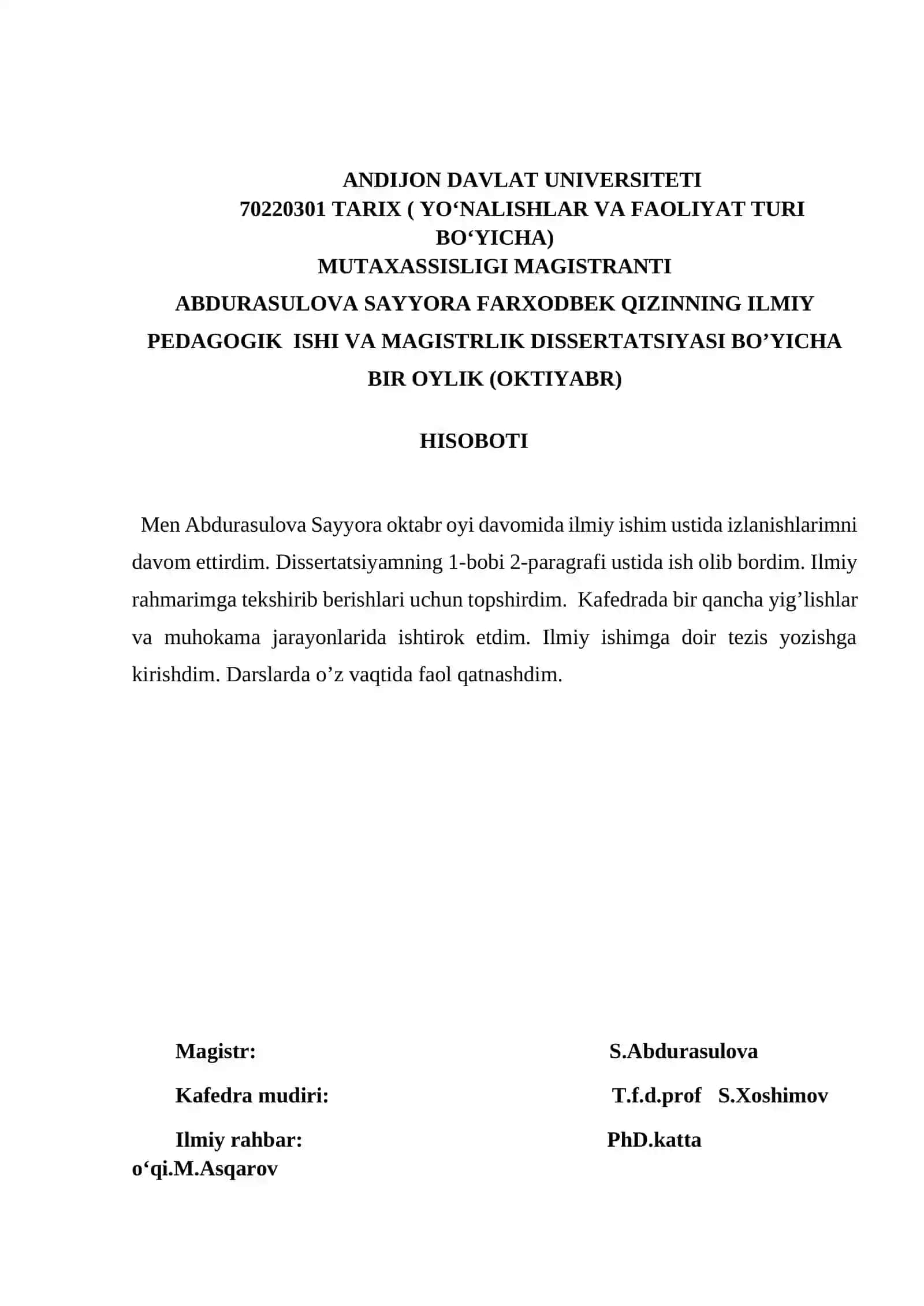 ABDURASULOVA SAYYORA FARXODBEK QIZINNING ILMIY PEDAGOGIK ISHI VA MAGISTRLIK DISSERTATSIYASI BO’YICHA BIR OYLIK (SENTABR) HISOBOTI 2