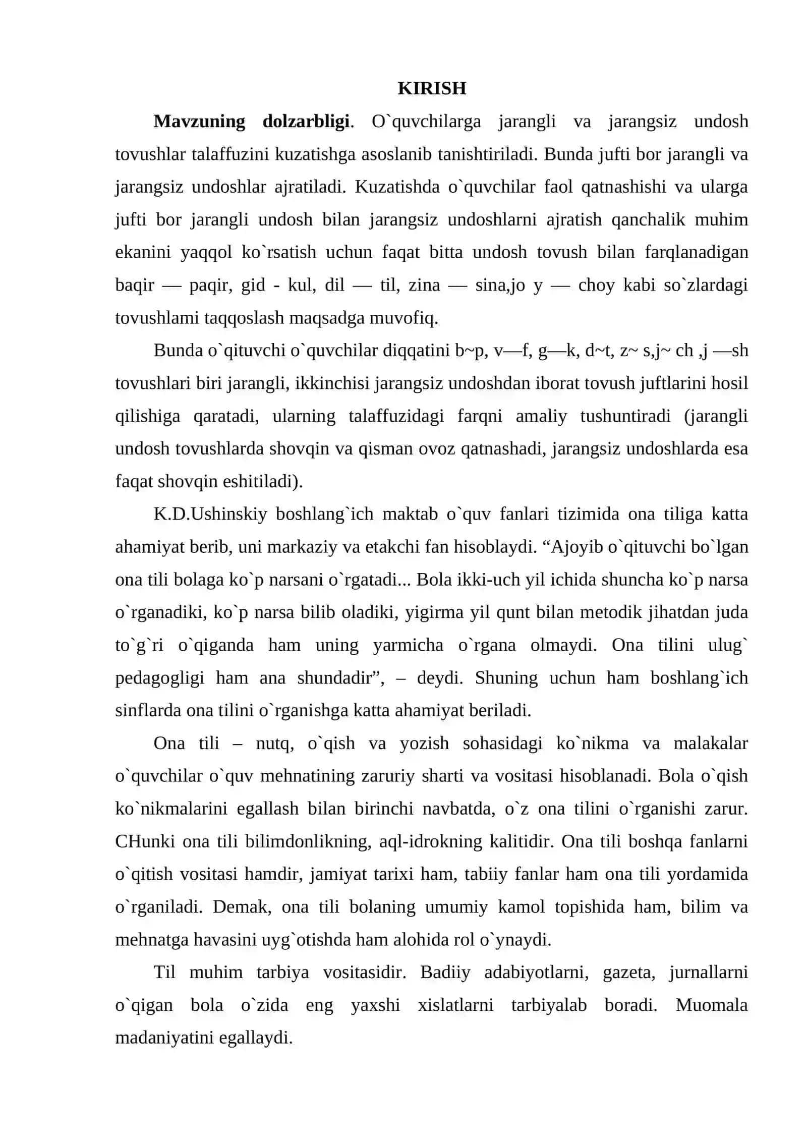 Kurs ishi: 2-SINFDA JARANGLI VA JARANGSIZ UNDOSHLARNI O`RGANISH USLUBIYATI. 2