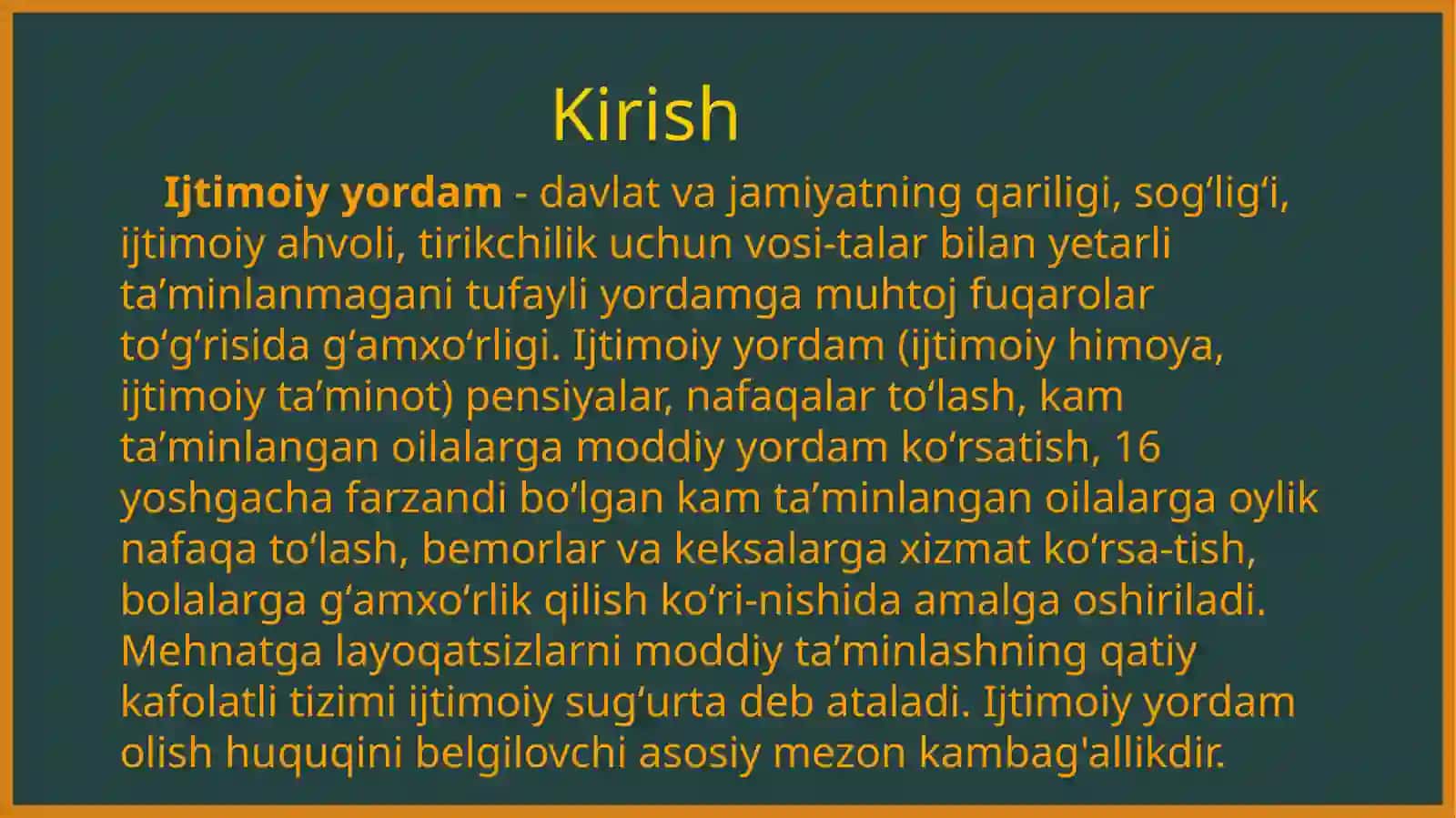 Ijtimoiy yordamning asosiy turlari (kompensatsion toʻlov subsidiya haqida). 2