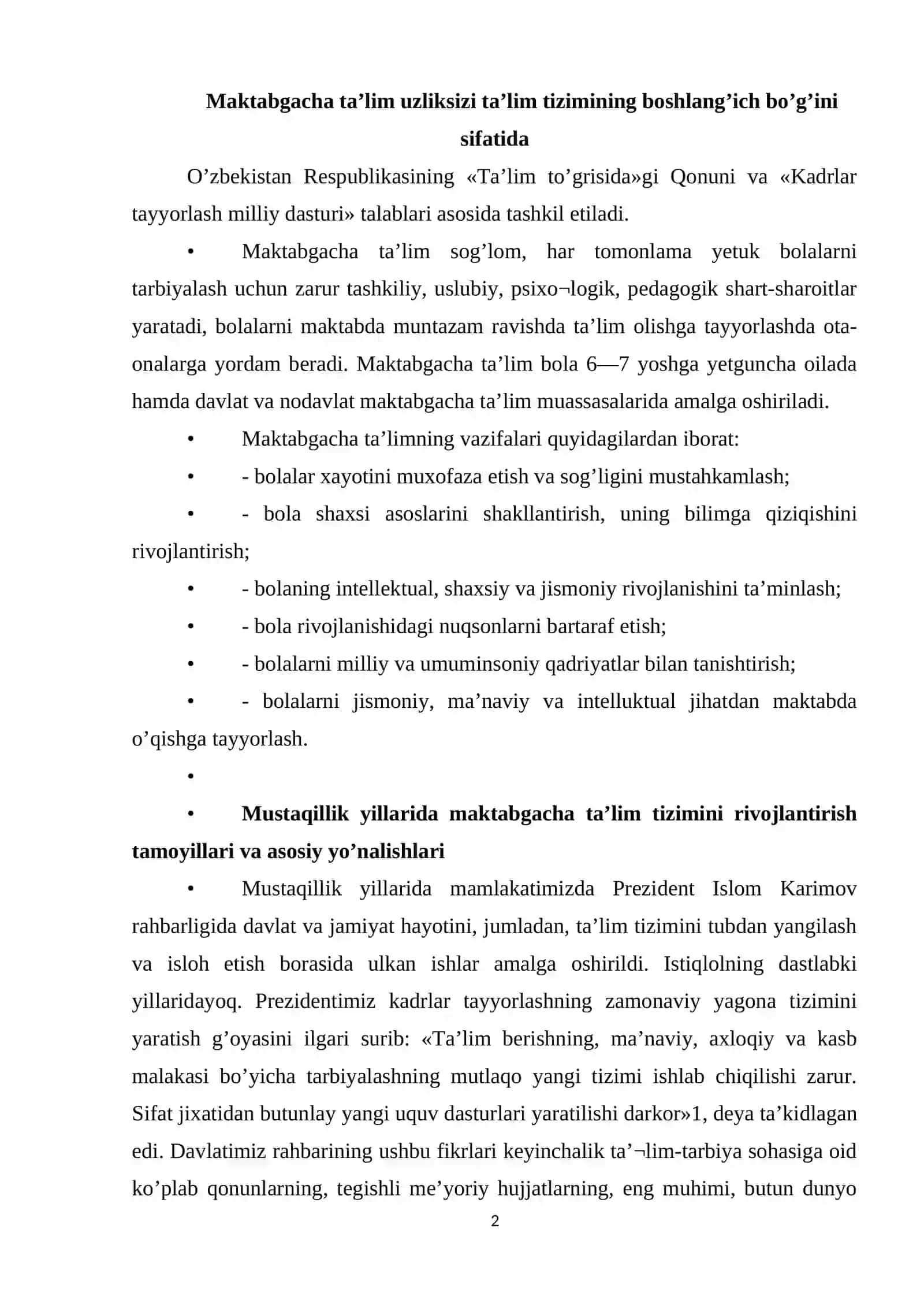 Maktabgacha ta'lim tizimida standartlar taraqqiyoti 2