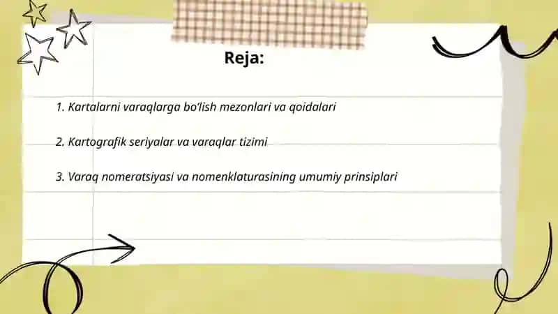 TOPOGRAFIK KARTALARNING VARAQLARGA BO’LINISHI, NOMENKLATURASI, SHARTLI BELGILARI 2