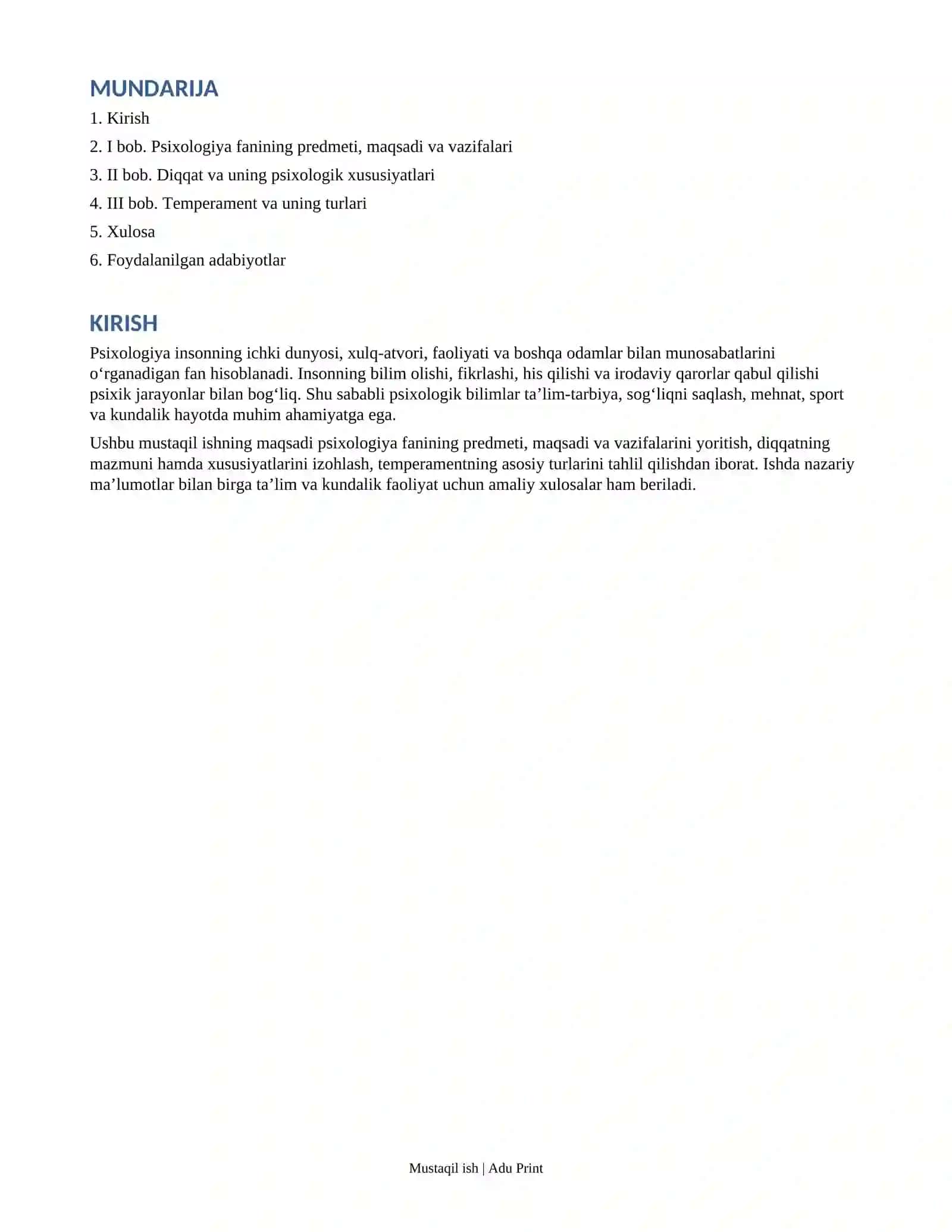 Psixologiya fanidan Diqqat; temperament; psixologiyaning predmeti, maqsadi va vazifalari 2