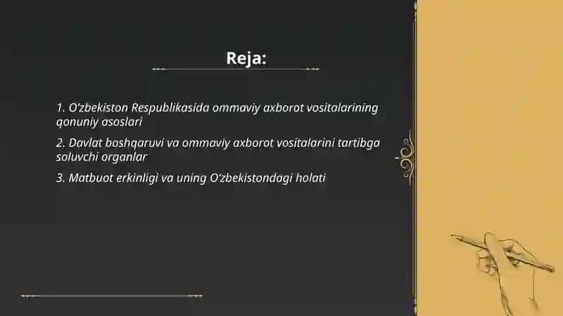 Oʻzbekiston Respublikasida ommaviy axborot vositalarining qonuniy asoslari 2