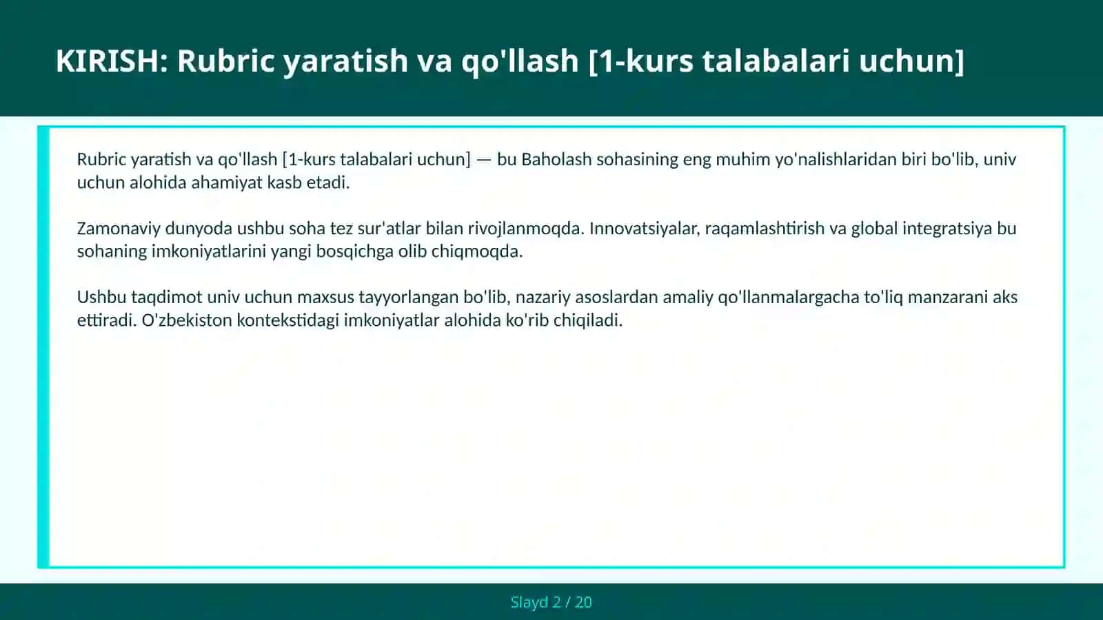 Rubric yaratish va qo'llash [1-kurs talabalari uchun] 2