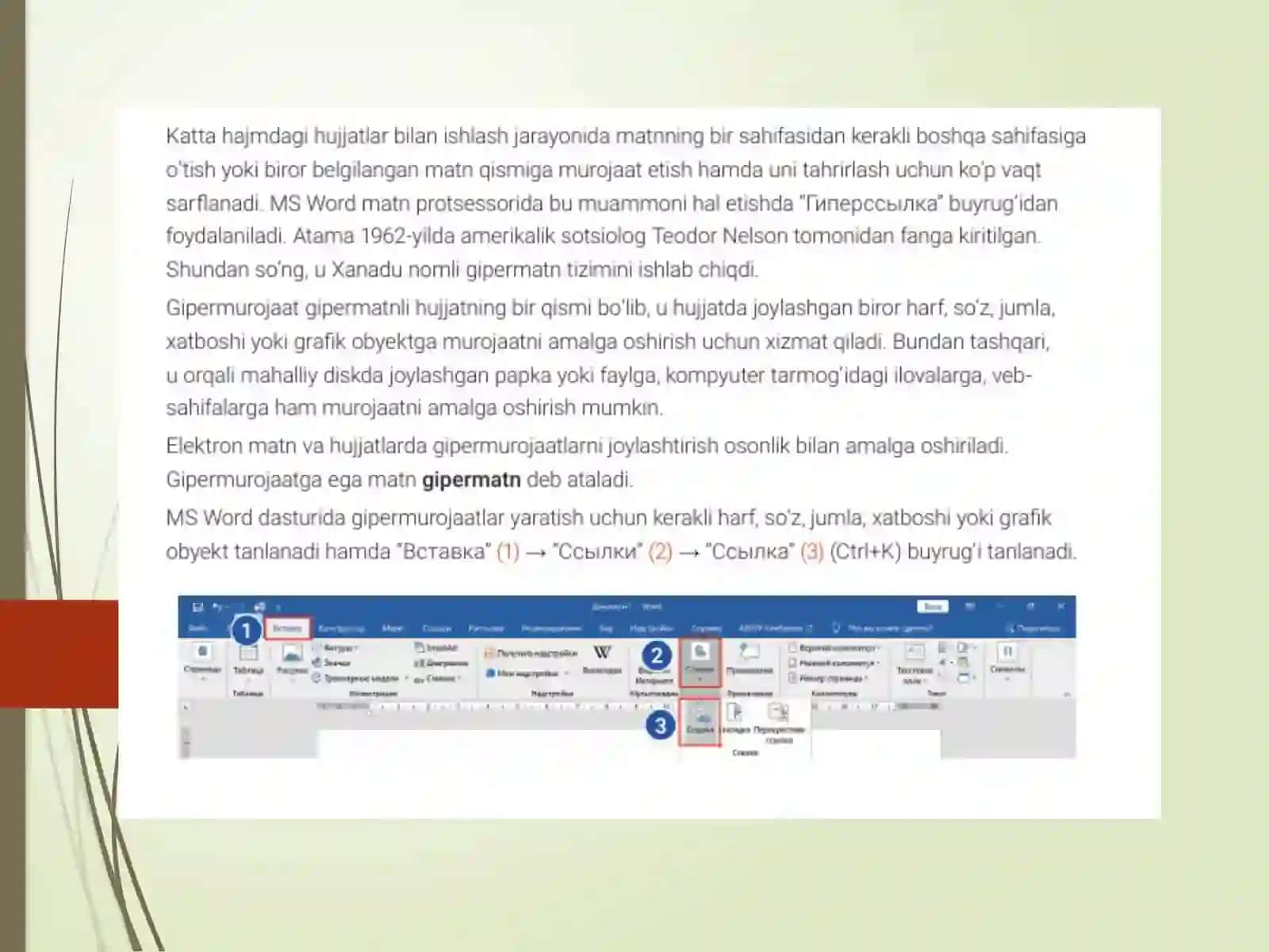 MICROSOFT WORD MATN MUHARRIRIDA GIPERSSILKA OBYEKTLARI BILAN ISHLASHVA TAHRIRLASH 2
